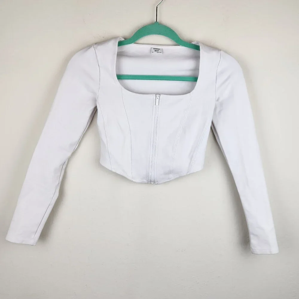 Aritzia Sunday Best Maverick Bustier Long Sleeve Zip Crop Top White sz XS - Picture 3 of 10